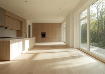 Sunlight Streams into Modern Minimalist Kitchen with Wooden Cabinets and Hardwood Floors, Creating a Serene Atmosphere.