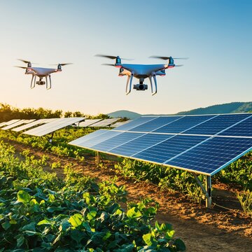 Sunlit solar farm with drones innovative aerial monitoring of sustainable agriculture and clean energy solutions