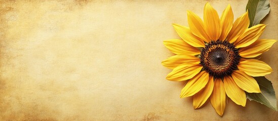Textured vintage paper background featuring a vibrant yellow sunflower for a warm, nostalgic design element.
