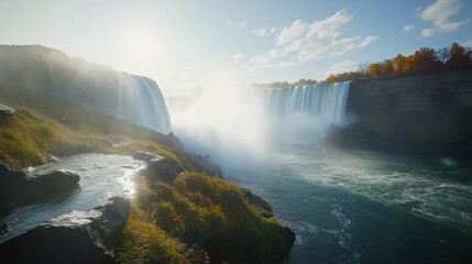 Autumnal Niagara Falls sunrise, mist, rocks. Travel postcard