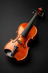 A polished violin rests on a dark surface