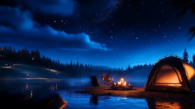 A serene camping scene by the lakeside at night, featuring a glowing campfire, a tent, and a sky full of stars, evoking a peaceful outdoor adventure in nature.