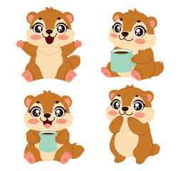 groundhog. Groundhog Day. Cute groundhog. Set. Vector illustration. Cute groundhogs. Sleepy groundhog