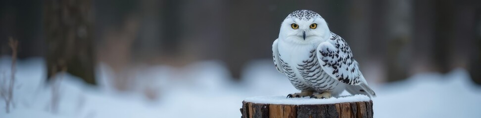 Fototapeta premium Northern white faced owl on a snowy tree stump, Wooden Surface, Ground Dweller, Forest Floor