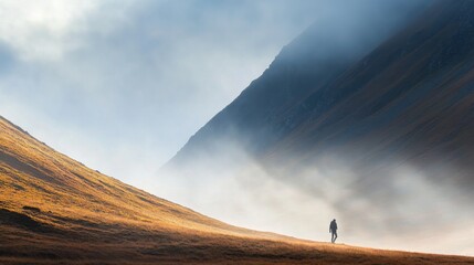A solitary figure walks through the misty valley surrounded by majestic mountains. Embrace the tranquility of nature and its breathtaking beauty. Generative AI