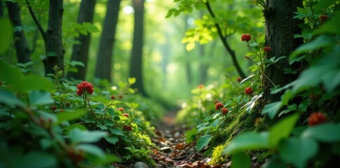 Fototapeta premium Overgrown elderberry thickets in woodland environment, thorns, dense