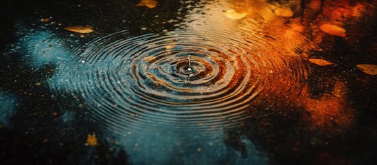 Rain droplets create ripples in a dark, abstract pond surface adorned with autumn leaves reflecting vibrant colors.