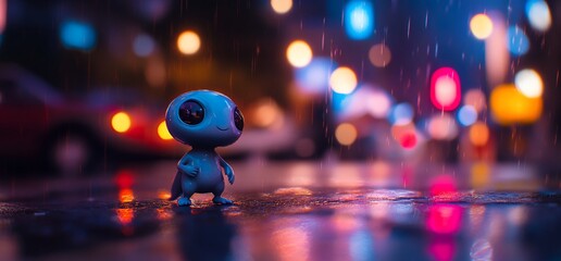 Cute alien toy on rainy city street at night. Use children's book illustration
