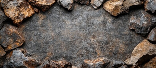 Various shapes of underground rocks surrounding a textured surface with empty space for customizable text or graphics.