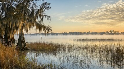 Misty sunrise over swamp cypress trees, tranquil lake
