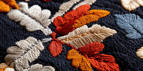 Embroidered Textile Detail: Floral Motif in Cream, Orange, Red, and Blue