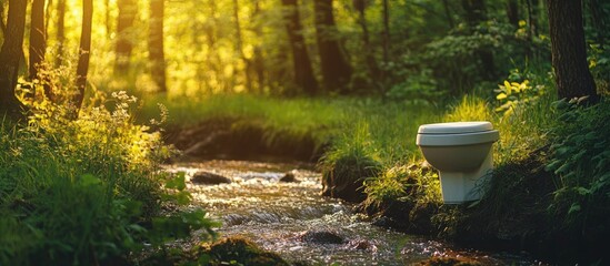 Toilet in a Serene Forest Setting Next to a Creek with Space for Text Overlay