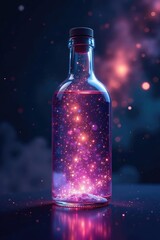Sleek glass bottle with glowing liquid inside, Cosmic, Sparkling, Liquid