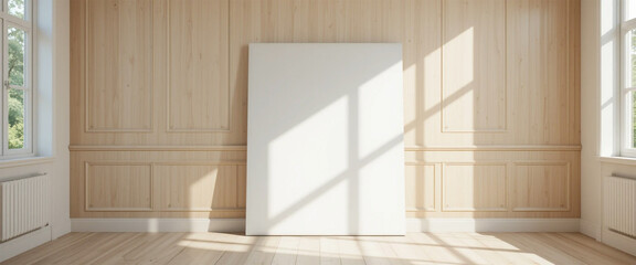 Blank canvas leaning against wall with sunlight shadows