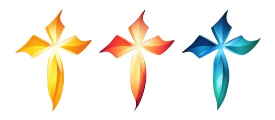Colored vector cross logo designs in three styles on white background with space for customizable text for branding or religious themes