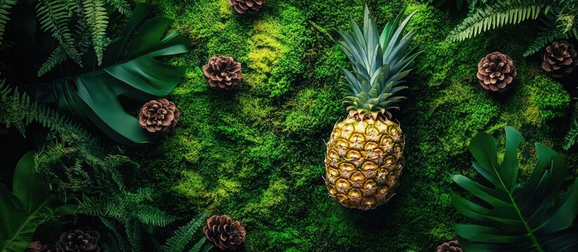 Tropical pineapple resting on a lush mossy background surrounded by ferns and pine cones viewed from above in a natural setting - Powered by Adobe