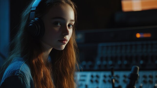 Teenage Female Audio Production Assistant Capturing the Creative Spirit in a Studio Setting with Copyspace for Text Usage