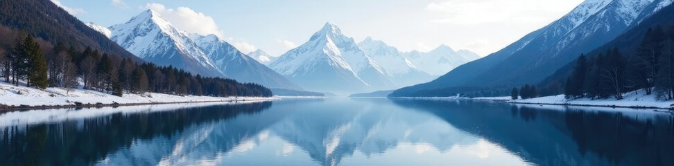 Fototapeta premium Snow-covered mountain range reflected in a still river, landscape, natural, mountainrange