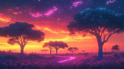 Ethereal african landscape painting with surreal starlight, colorful sky, field of flowers