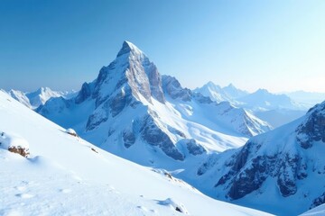 Fototapeta premium Snow-covered mountain peaks stretch towards the sky, mountain, winter wonderland, frosty summit