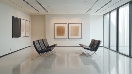 Minimalist Art Gallery Interior with Barcelona Chairs and Modern Art Pieces