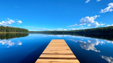 Naklejka premium A serene view of a wooden dock extending into a calm lake surrounded by lush green trees