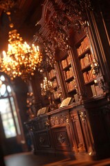 Obraz premium Ornate Wooden Library Bookcase With Antique Books and Chandeliers