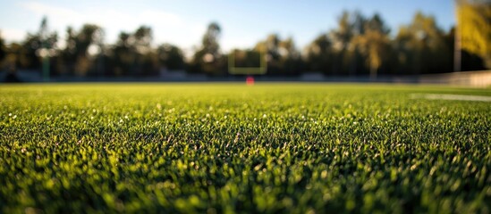 Lush green turf grass texture on a football field under natural sunlight creating a vibrant outdoor sporting atmosphere