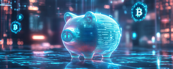 Futuristic digital piggy bank hovering in a high-tech environment surrounded by cryptocurrency symbols