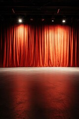 Fototapeta premium Illuminated Stage with Red Velvet Curtains and Empty Floor