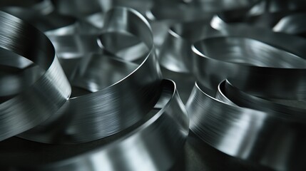 Close-up of a group of curved metal objects. the objects appear to be made of steel or aluminum and have a shiny, metallic finish.