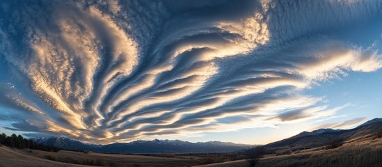 Dramatic cloud patterns over mountains at sunset with vibrant colors and unique formations in the sky creating a stunning natural landscape.
