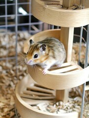 A hamster running on a wheel in a well-lit, clean cage.