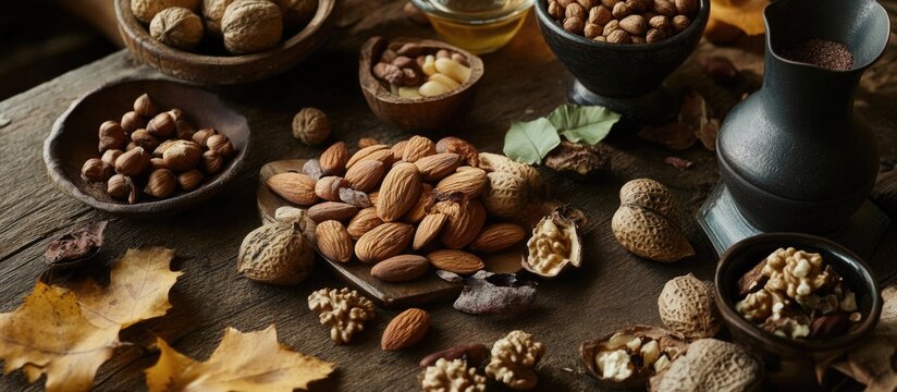 Nutrient-rich assortment of nuts on rustic wooden table promoting energy and healthy snacking options for hunger satisfaction