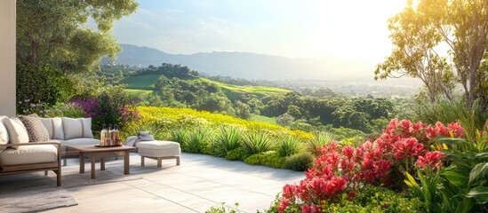 Obraz premium Sunny terrace with nature landscape backdrop featuring comfortable seating and vibrant flowers ideal for product placement and outdoor relaxation