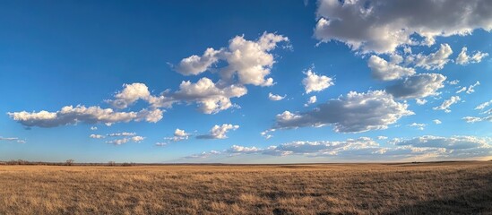 Obraz premium Bright blue sky with fluffy white clouds over a tranquil landscape showcasing endless grassland under a beautiful sunny day.