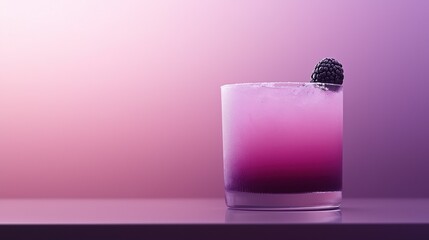 Close-up of a glass filled with a purple-colored drink. the drink appears to be a cocktail or a mocktail, with a thick layer of ice on the rim and a small blackberry on top.