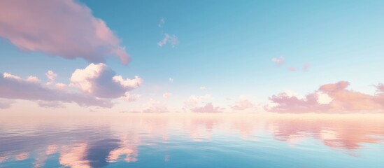 Serene blue sky with soft clouds reflecting on calm water creating a tranquil and picturesque landscape scene.