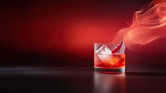 Close-up of a glass filled with a red-colored drink. the drink appears to be a cocktail or a sangria, with ice cubes and a red chili pepper on top. - Powered by Adobe