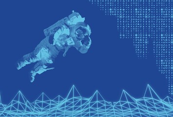 Astronaut looking to the future, space, science and technology,  Alien text and computer data on dark blue background.