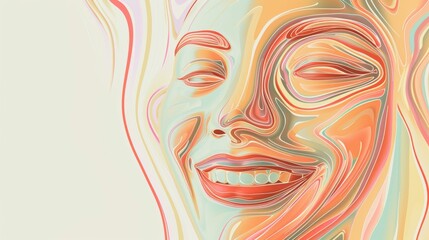 An abstract depiction of a smiling face in warm pastel tones, filled with flowing line art and dynamic patterns. A joyful and creative composition. AI generated.
