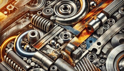 A highly detailed macro shot of diverse metal textures, including polished chrome, corroded iron, brushed aluminum, and weathered copper