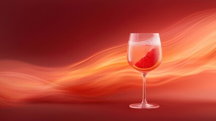 Digital illustration of a glass of pink cocktail on a red background. the glass is filled with a pinkish-red liquid and has a slice of orange on the rim.