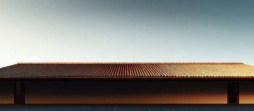 Tiled roof overhang with metal guttering under dramatic lighting and open space for text use in architectural design or advertising.