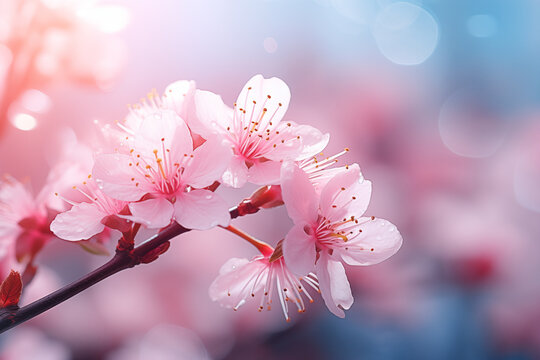 Blooming pink flowers of sakura cherry blossom season in springtime close up.  Nature background