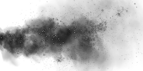 Fantastic black smoke background. Magic black smoke with glitter and small particles of twinkling stars. Fog with luminous particles. Black vapor with stardust. Morning fog over land or water. PNG.