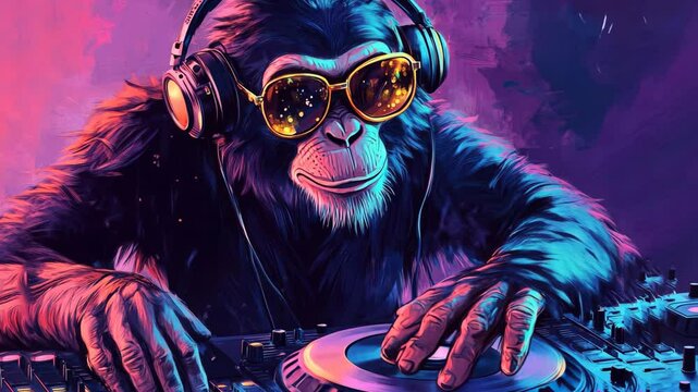 DJ Monkey in Headphones and Sunglasses in Vibrant Artistic Scene