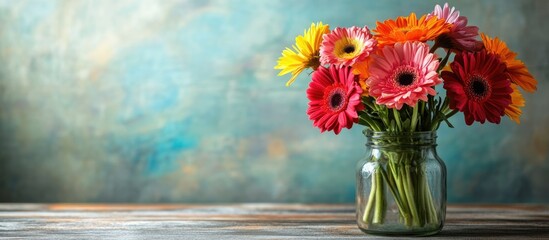 Vibrant flower bouquet in glass vase on wooden table with soft colorful background and ample space for text placement.