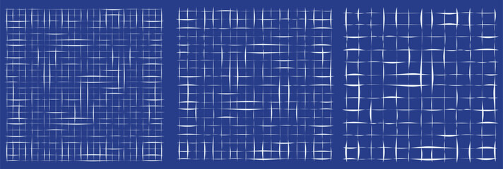 Blueprint Hand-Drawn Grid Background, Technical Architectural Drawing Paper with White Irregular Grid Lines on Dark Blue, Vector Illustration