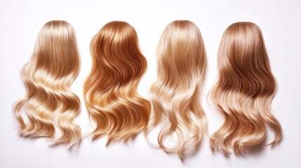 Blonde wavy hairpieces arranged on a white background showcasing hairstyling options with space for customization and inspiration text